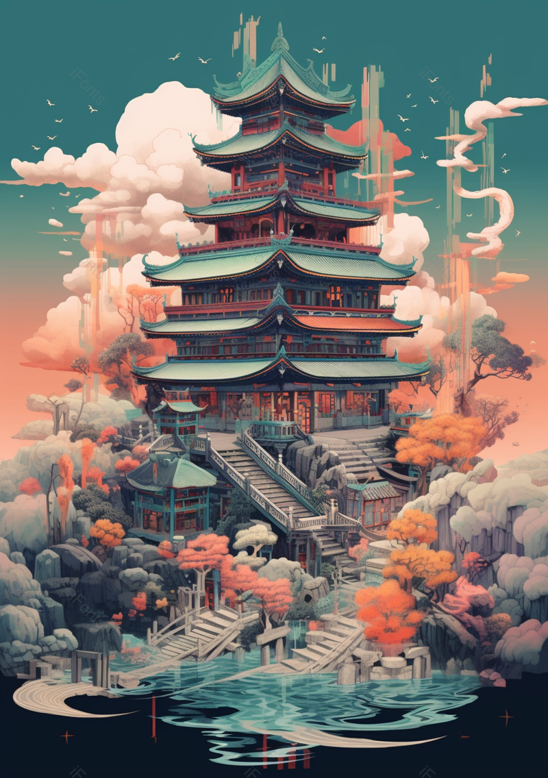 原创流水上古代高楼建筑国风插画,插画/手绘图,插画/手绘图库,插画/手绘图下载,插画/手绘